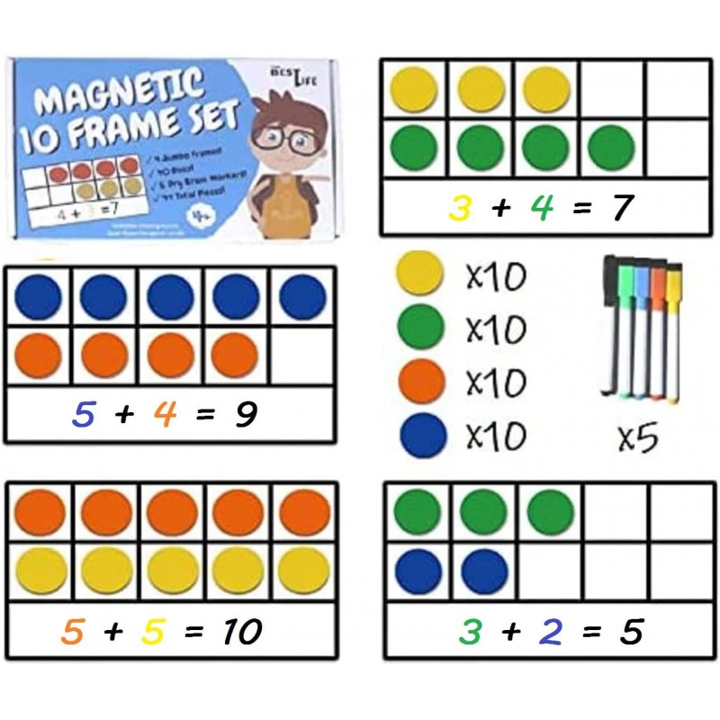 Magnetic Ten Frame Set - Math Manipulatives for Elementary - 4 Ten Frames & 40 Magnetic Math Counters for Kids Math Games for...