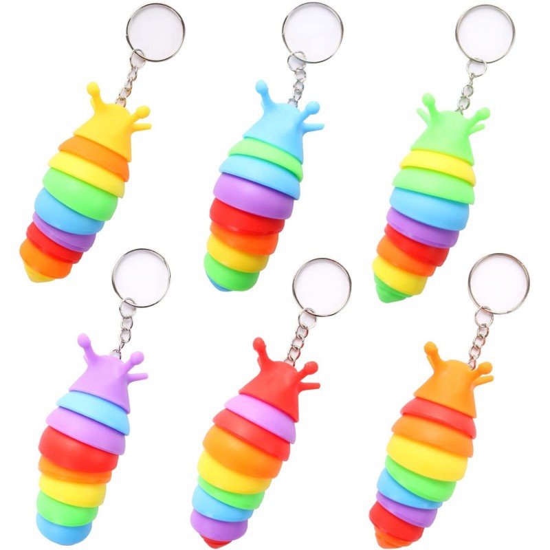 6 PCS Mini Fidget Slug Key-Chain Toys 3D Articulated Stretch Caterpillar Sensory Stress Relief Flexible Hand Toy Ideal Party ...