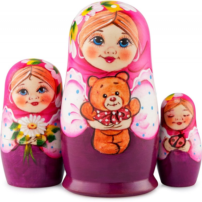 Nesting Dolls Matryoshka Wood Stacking Nested Set 3 Pieces Handmade Wooden Doll Pink $22.87 Nesting Dolls