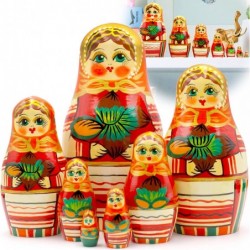 Russian Nesting Dolls Set of 7 pcs - Matryoshka Nesting Dolls in Orange Dress and Head Scarf with Hazelnuts - Hand Painted Ru...