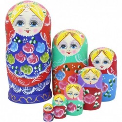 Set of 7 Pieces Wooden Handmade Traditional Blue Red Colorful Flower Russian Nesting Stacking Dolls Matryoshka Kids Children ...