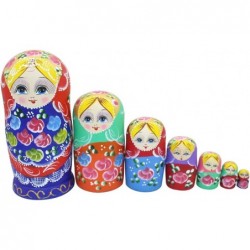 Set of 7 Pieces Wooden Handmade Traditional Blue Red Colorful Flower Russian Nesting Stacking Dolls Matryoshka Kids Children ...