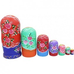 Set of 7 Pieces Wooden Handmade Traditional Blue Red Colorful Flower Russian Nesting Stacking Dolls Matryoshka Kids Children ...