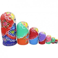 Set of 7 Pieces Wooden Handmade Traditional Blue Red Colorful Flower Russian Nesting Stacking Dolls Matryoshka Kids Children ...