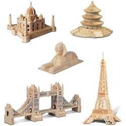 Bundle of Famous Sites: Sphinx Tower Bridge Eiffel Tower Taj Mahal and Temple of Heaven - Wooden 3D Puzzles Construction Kits...