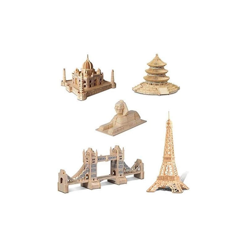 Bundle of Famous Sites: Sphinx Tower Bridge Eiffel Tower Taj Mahal and Temple of Heaven - Wooden 3D Puzzles Construction Kits...