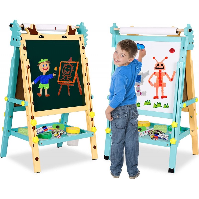 Kids Easel with Paper Roll Double-Sided Whiteboard & Chalkboard Adjustable Kids Art Easel Standing Easel with Numbers Accesso...