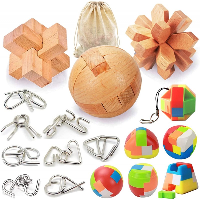 17 Pack Brain Teasers Puzzles for Kids & Adults Brain Teasers Metal and Wooden IQ Puzzle Toys Mind Game 3D Coil Cast Wire Unl...