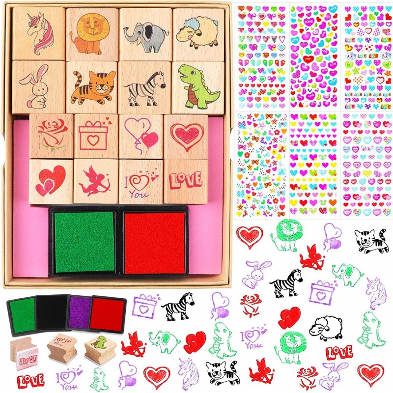 Kids Animal Love Heart Stamps Stickers Set 20 Kids Valentines Wooden Stamps Pads 525+pcs Kids Colorful Heart 3D Puffy Sticker...