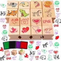 Kids Animal Love Heart Stamps Stickers Set 20 Kids Valentines Wooden Stamps Pads 525+pcs Kids Colorful Heart 3D Puffy Sticker...