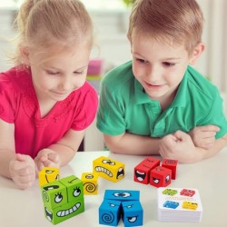 Wooden Expressions Matching Block Puzzles Face-Changing Cube Building Cubes Toy Educational Montessori Toys Puzzle for Kids T...