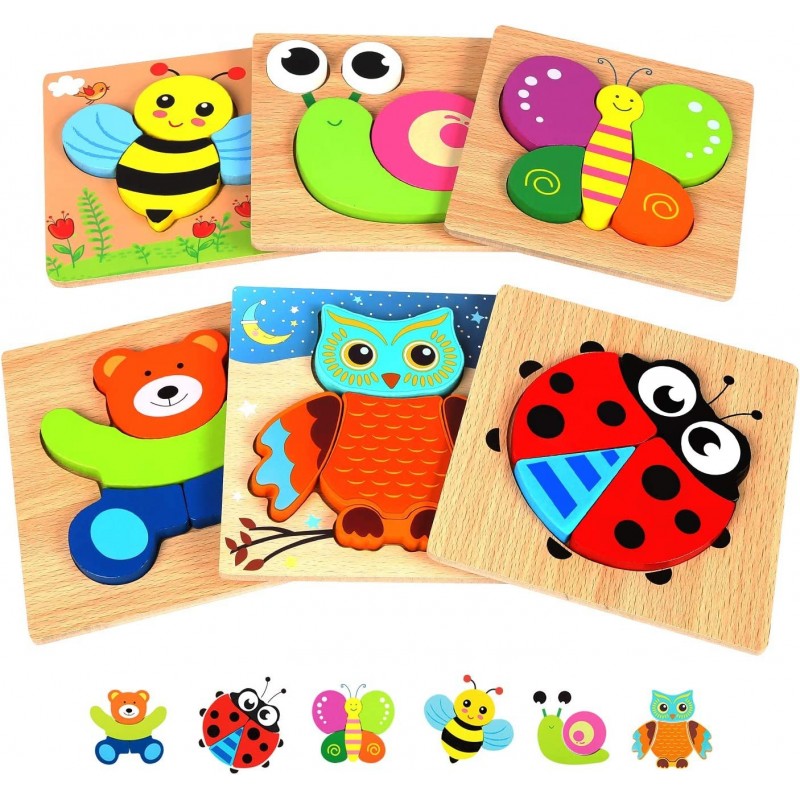 Wooden Toddler Jigsaw Puzzle Gift Toy for 1 2 3 Years Old Boys and Girls 6 Pack Animal Shape Montessori Toy for Infant Toddle...