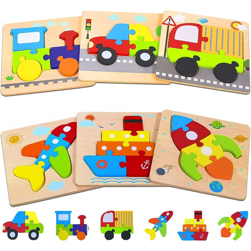 Wooden Toddler Puzzles Gifts Toys for 1 2 3 Years Old Boys Girls 6 Vehicle Shape Jigsaw Montessori Educational Developmental ...