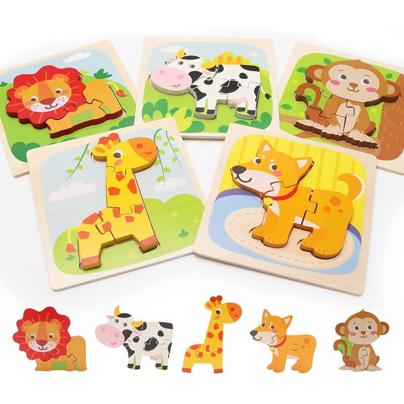 Wooden Toddler Puzzles for 1 2 3 Years 5-Pack Animal Shape Puzzles for Kids 2-4 Montessori Educational Learning Toy Birthday ...