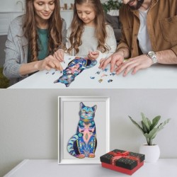 Wooden Puzzles for Adults Wooden Blue Cat Jigsaw Puzzles with Animal Shaped Pieces Unique Wood Cat Shape Puzzle for All Ages ...