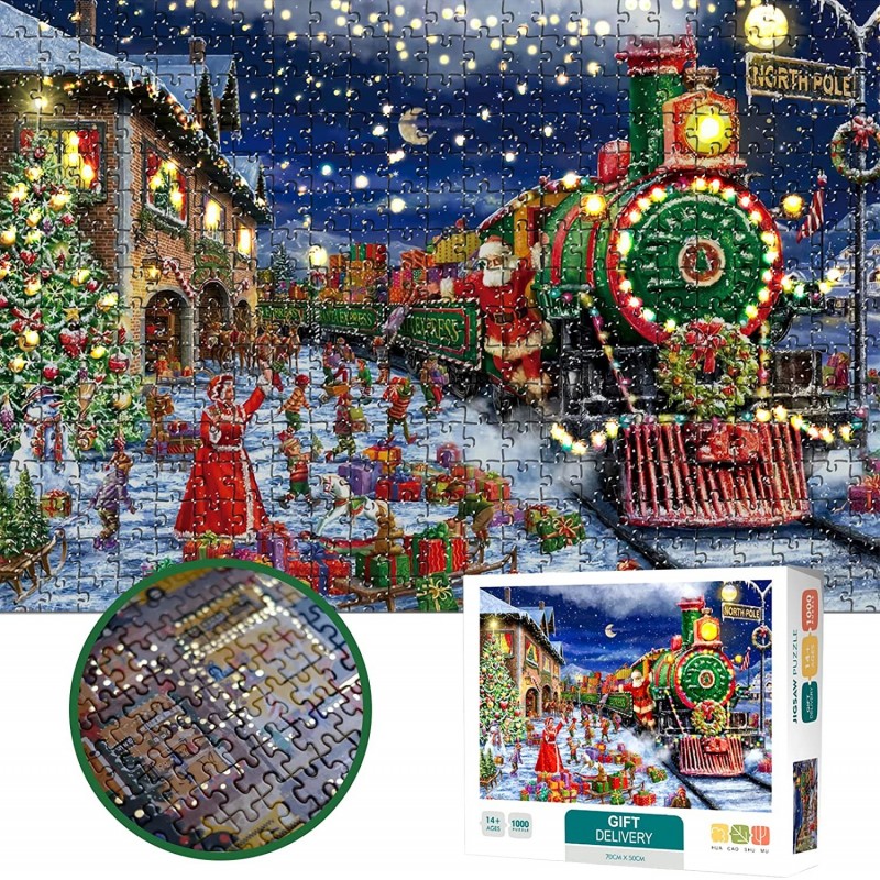 Puzzles for Adults 1000 Piece Santa's Express Glowing Gold Foil Jigsaw Puzzles Large Fits Family Challenge Best Games for Adu...