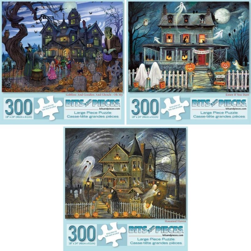 Value Set of Three - 300 Piece Jigsaw Puzzles for Adults - Large Piece 300 pc Halloween Jigsaws by Artist Ruane Manning - 18”...