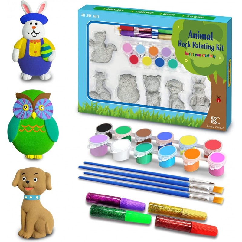 Arts and Crafts for Kids - Set of 6 Animal Rock DIY Painting Craft Kits for Kids Includes 12 Acrylic Paints 4 Brushes 4 Glitt...