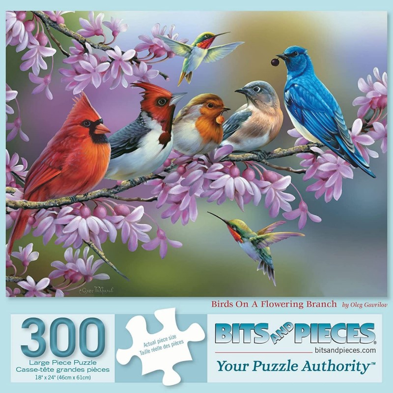 - 300 Piece Jigsaw Puzzle for Adults 18" x 24" - Birds On A Flowering Branch - 300 pc Cardinals Bluebird Hummingbird Flowers ...