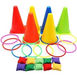 3 in 1 Ring Toss Game Carnival Combo Set Soft Traffic Cone Bean Bags with Plastic Multicolor Throwing Circle Activity Rings f...