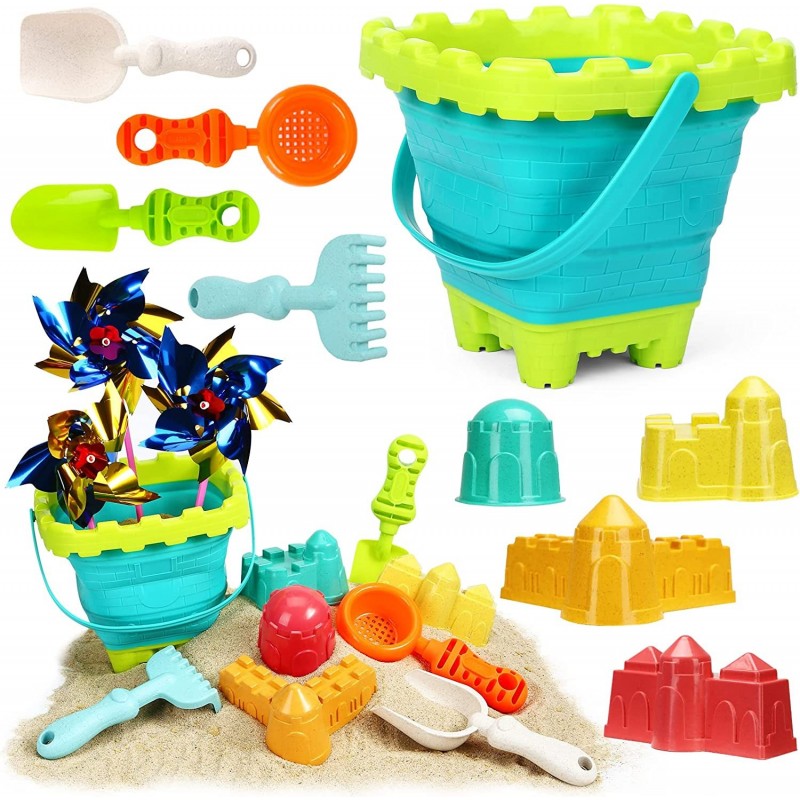 Beach Toys Set Foldable Beach Bucket Kids Sand Toys Beach Pails and Buckets Collapsible Beach Toys with Castle Molds Sand Mol...