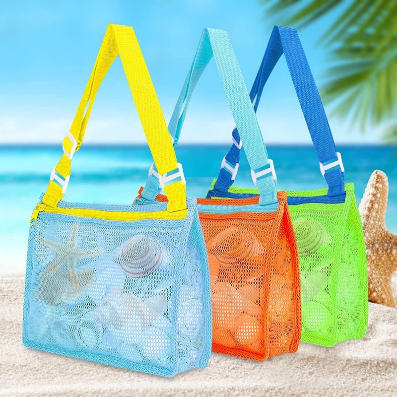 3 Pack Beach Toy Mesh Beach Bag Kids Seashell Collecting Bag Beach Sand Toy Totes Swimming Accessories Storage Bag with Adjus...