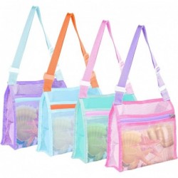 4 Pieces Beach Mesh Bag Multicolored Seashell Bags with Zipper Adjustable Carrying Straps Beach Toy Mesh Bag Kids Shell Colle...