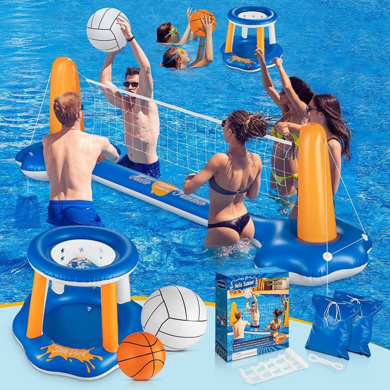 Pool Volleyball Set & Basketball Hoop - 125'' Larger Pool Volleyball Net for Inground Includes 2 Balls & 2 Weight Bags Pool T...