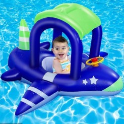 Inflatable Baby Pool Float with Canopy Airplane Shaped Babies Swimming Rings Floats Boat with Safety Seat Sunshade for Toddle...