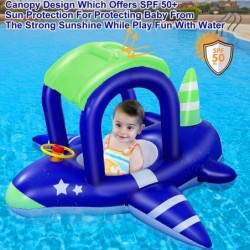 Inflatable Baby Pool Float with Canopy Airplane Shaped Babies Swimming Rings Floats Boat with Safety Seat Sunshade for Toddle...