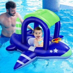 Inflatable Baby Pool Float with Canopy Airplane Shaped Babies Swimming Rings Floats Boat with Safety Seat Sunshade for Toddle...