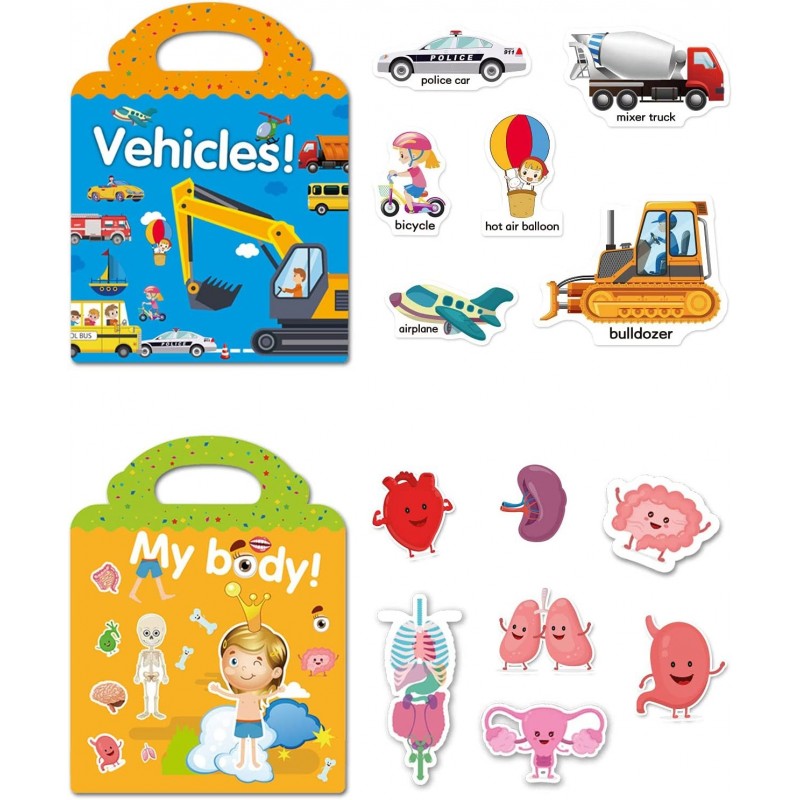 Reusable Static Sticker Book for Kids 2 Pack (My Body Vehicles) Cute Stickers Gift for 2 3 4 Year Olds Boys and Girls Prescho...