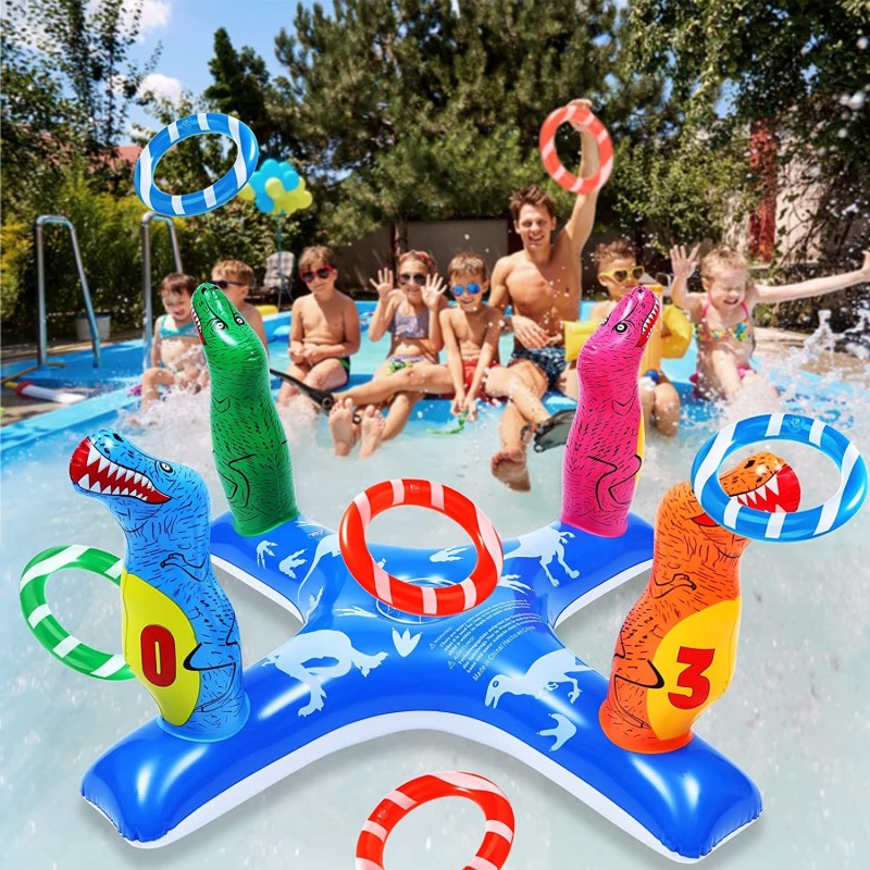 Inflatable Pool Ring Toss Games with 6 Rings Flamingo Shark Pool Ring Toss Game Summer Pool Toys Party Games for Kids and Adu...