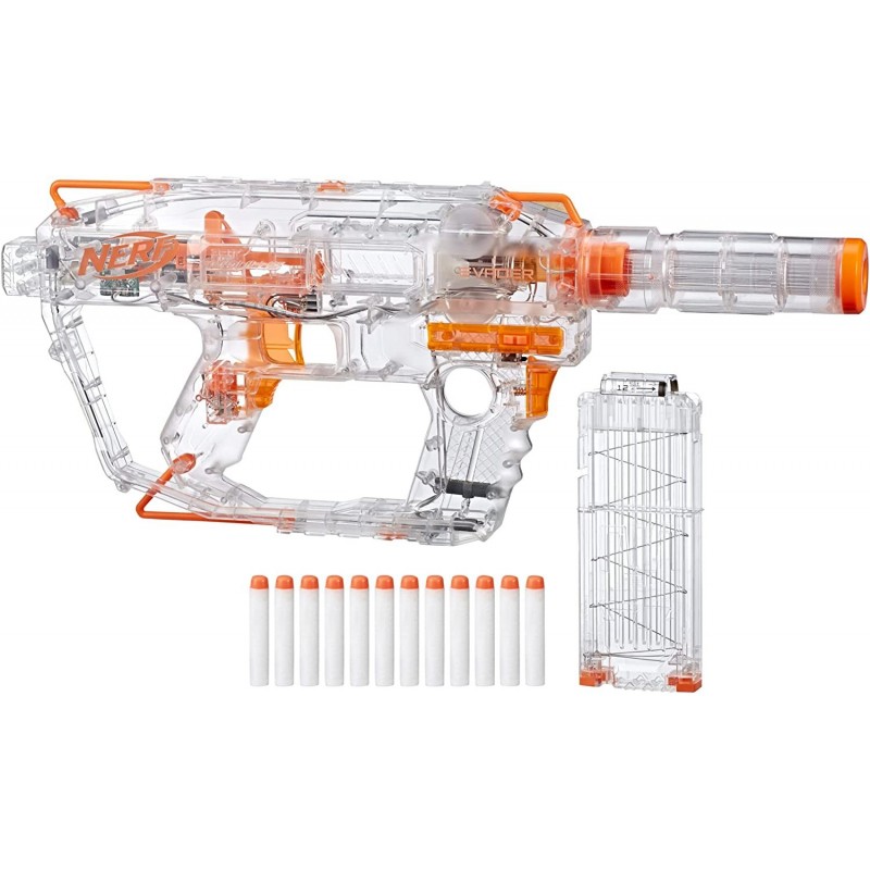 Modulus Ghost Ops Evader Motorized Blaster -- Light-Up See-Through Blaster and Barrel Extension Includes 12 Official Elite Da...