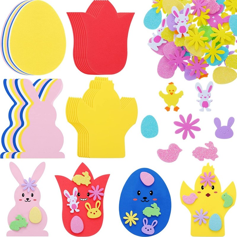 132 Pieces Easter Crafts Easter Foam Stickers Easter Bunny Stickers Self Adhesive Foam Craft Easter Egg Stickers Flower Shape...