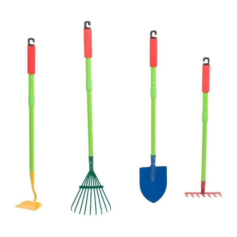 Grow with Me Kids' Telescoping Garden Tool Set with Adjustable Metal and Soft-Grip Handle Shovel Hoe Leaf Rake and Soil Rake ...