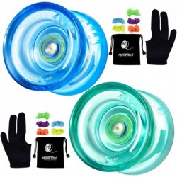 Crystal Green & Crystal Blue Pack of 2 K2 Responsive Plastic Fingerspin Yoyos for Kids Beginners Yo-Yo with 2 Yoyo Gloves 2 Y...