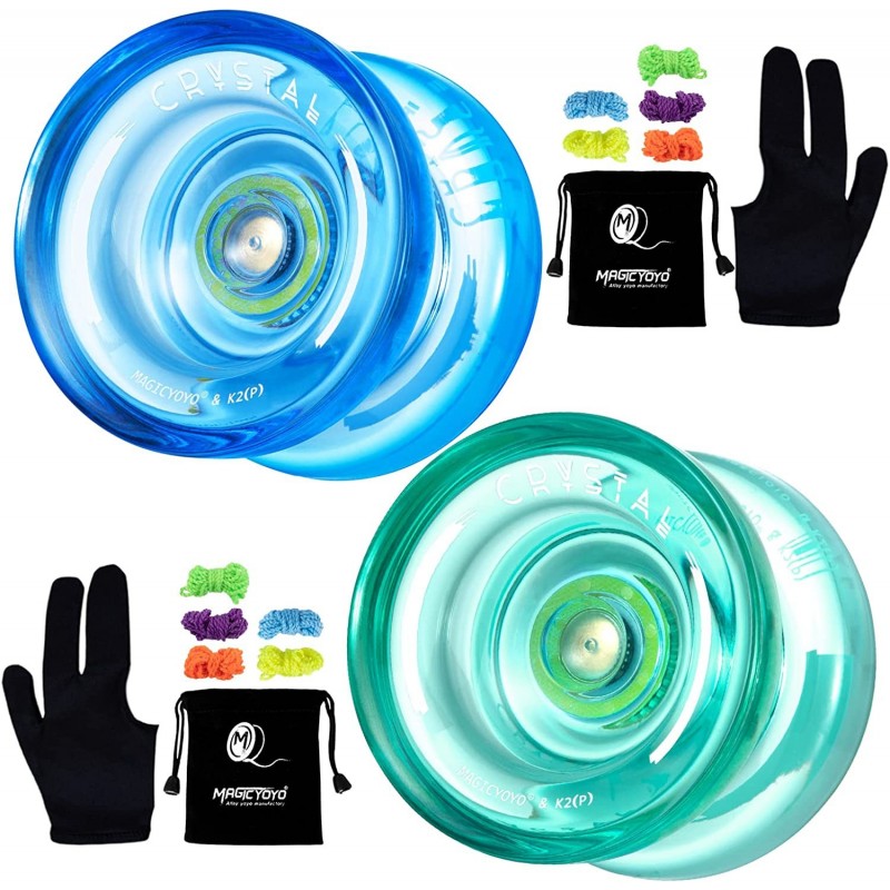 Crystal Green & Crystal Blue Pack of 2 K2 Responsive Plastic Fingerspin Yoyos for Kids Beginners Yo-Yo with 2 Yoyo Gloves 2 Y...