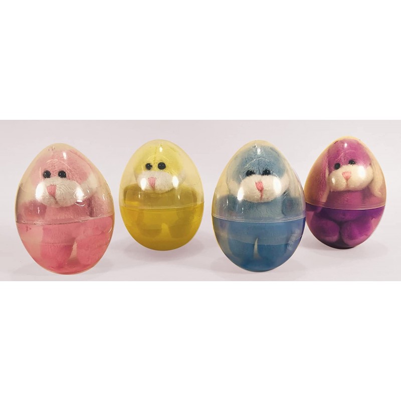 Set of 4 Pre-Filled Translucent Easter Eggs with Soft and Cuddly 4" Plush Bunnies 4 Colorful Styles: Blue Yellow Pink and Vio...