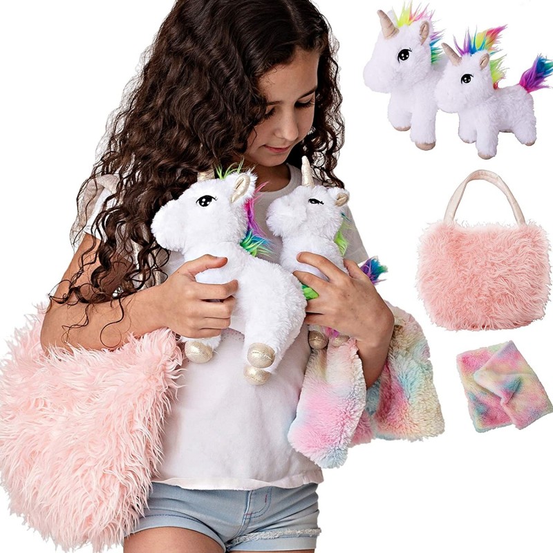 Unicorn Gift for Girls 4 Pcs Set. Baby and Mommy Unicorn Toy XL Furry Bag and Baby Doll Blanket. Adorable Plush Toy for 3 4 5...