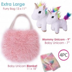 Unicorn Gift for Girls 4 Pcs Set. Baby and Mommy Unicorn Toy XL Furry Bag and Baby Doll Blanket. Adorable Plush Toy for 3 4 5...