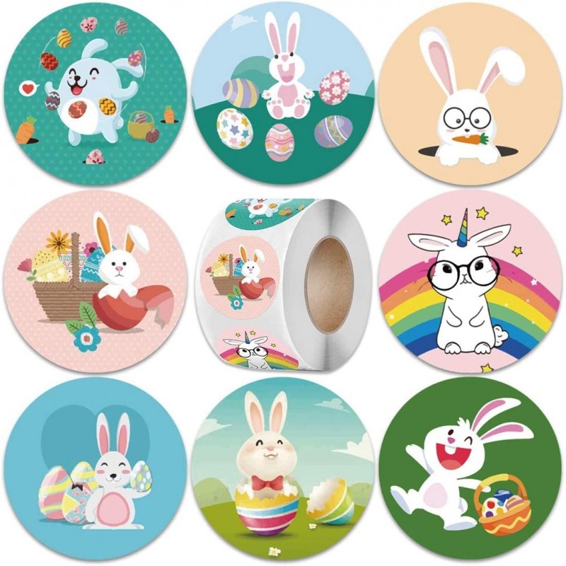 Easter Stickers Kids 500 pcs/roll Self-Adhesive Novelty Assorted Easter Bunny Stickers Easter Eggs Rainbow Unicorn Rabbit for...