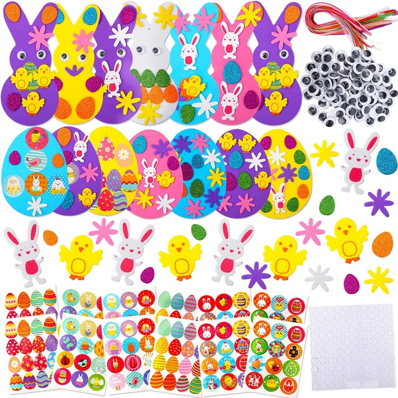 650Pcs Easter Foam Ornaments Stickers Craft DIY Kit with Colorful Foam Self Adhesive Stickers Wiggle Googly Eyes Satin Cords ...