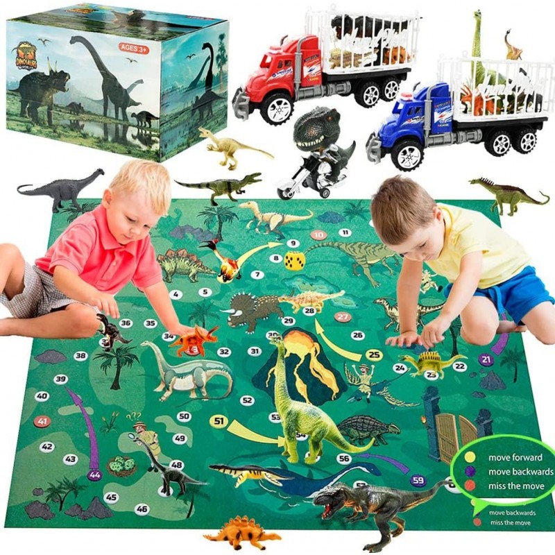 2 Pack Dinosaur Toy Truck Carriers with 14pcs Plastic Dinosaur Figurines and Playmat Friction Powered T-Rex Motorcycle and Di...