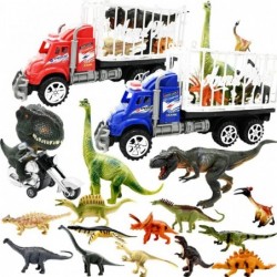 2 Pack Dinosaur Toy Truck Carriers with 14pcs Plastic Dinosaur Figurines and Playmat Friction Powered T-Rex Motorcycle and Di...