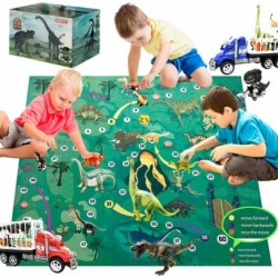 2 Pack Dinosaur Toy Truck Carriers with 14pcs Plastic Dinosaur Figurines and Playmat Friction Powered T-Rex Motorcycle and Di...