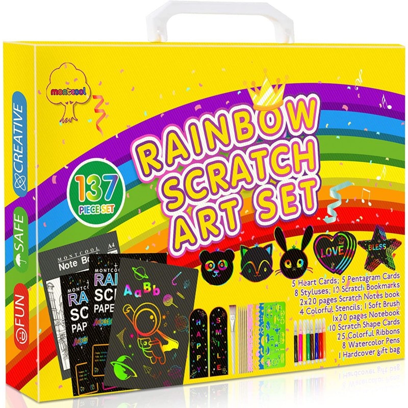 Scratch Paper Art for Kids 137 Pcs Magic Rainbow Scratch Crafts Arts Supplies for Party Games Birthday Gift Toddler Preschool...