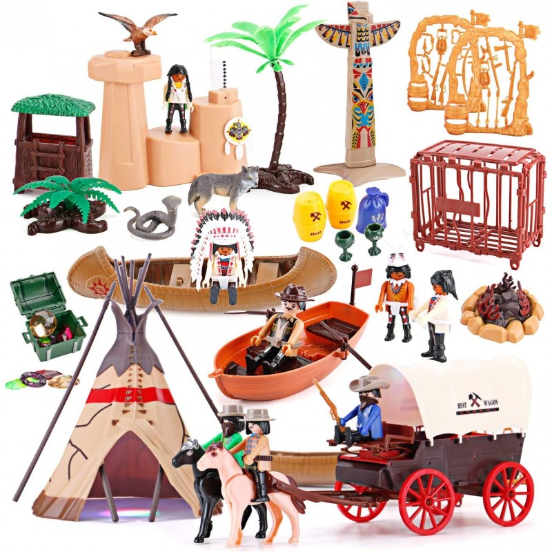 Deluxe Wild West Cowboys and Indians Plastic Figures Playset - Educational Toy Soldiers Native American Action Figurines and ...