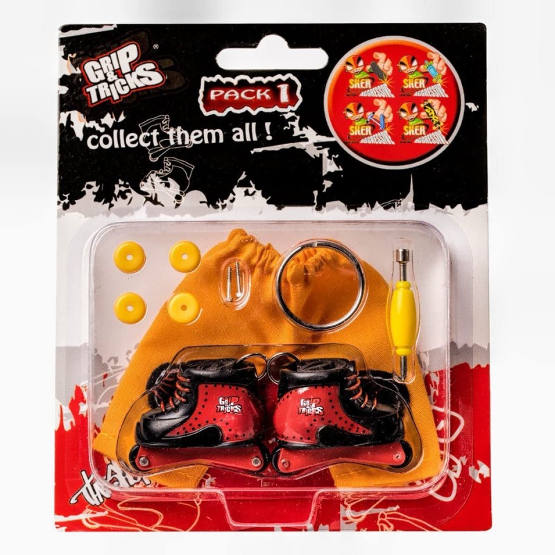 Grip and Tricks - Red Freestyle Inline Finger Skates with Finger Roller Skates Tools and Mini Fingerboards Accessories - Pack...