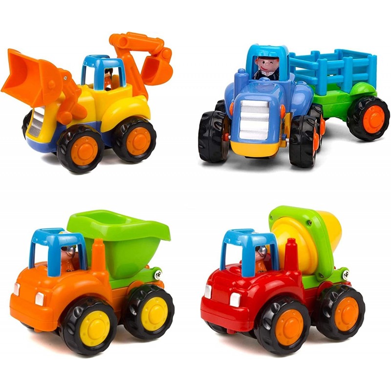 Friction Powered Cars Push and Go Trucks Construction Vehicles Toys Set of Tractor Bulldozer Dump Truck Cement Mixer for Baby...